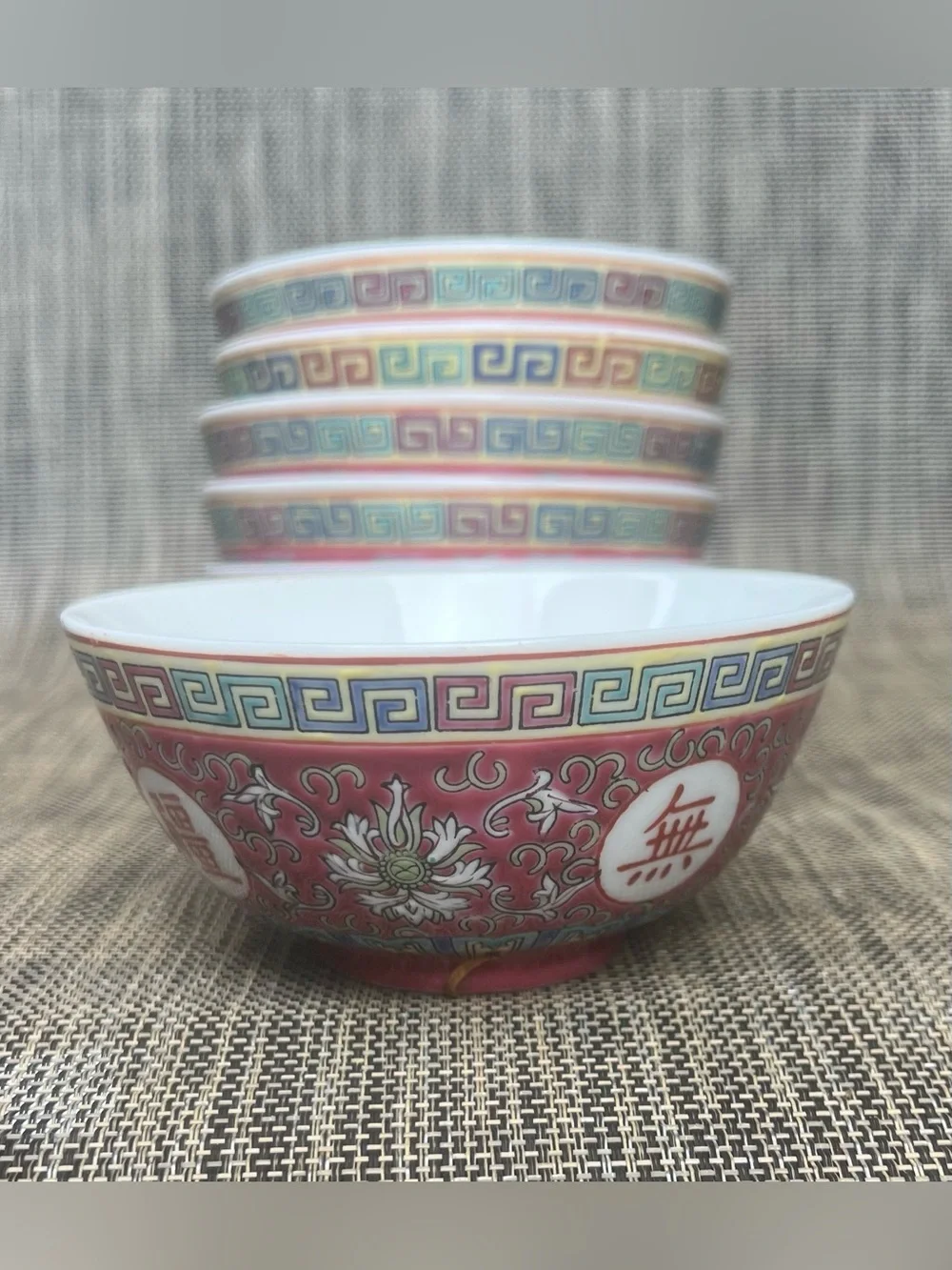 Mun Shou Longevity Red Porcelain Rice Bowls 5 1/2” Diameter 2 1/8